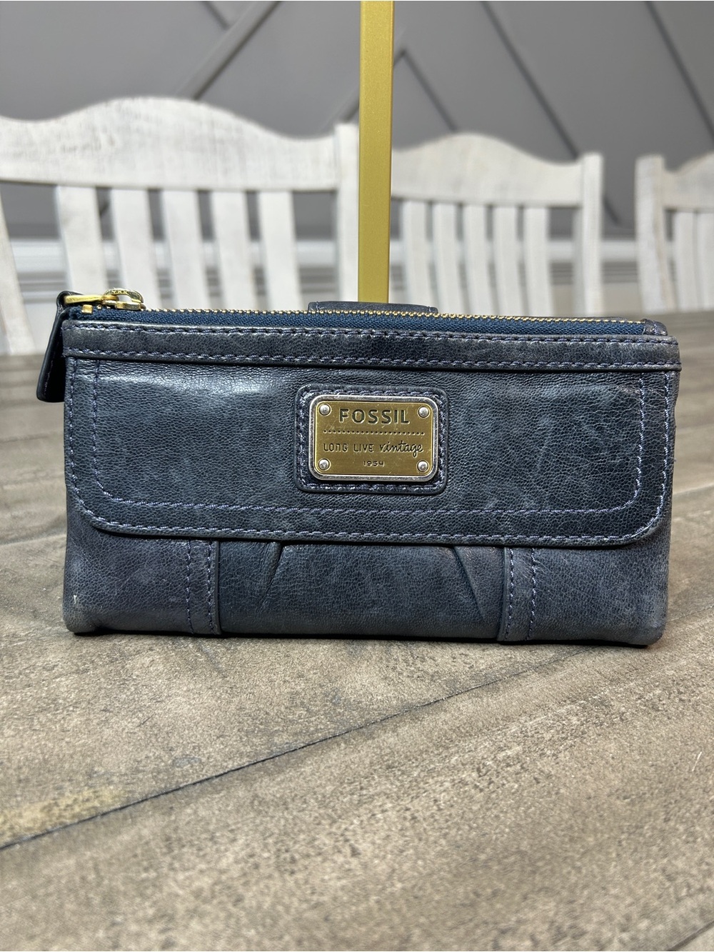 Fossil Emory Midnight Navy Leather Clutch Wallet Long Live Vintage 1954